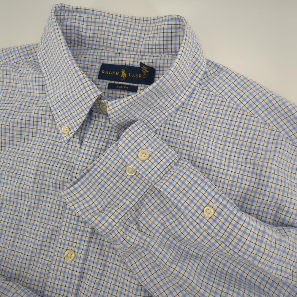 Ralph Lauren Shirt Men's 17 34/35‎ Long Sleeve Button Blue Plaid Slim Fit Oxford